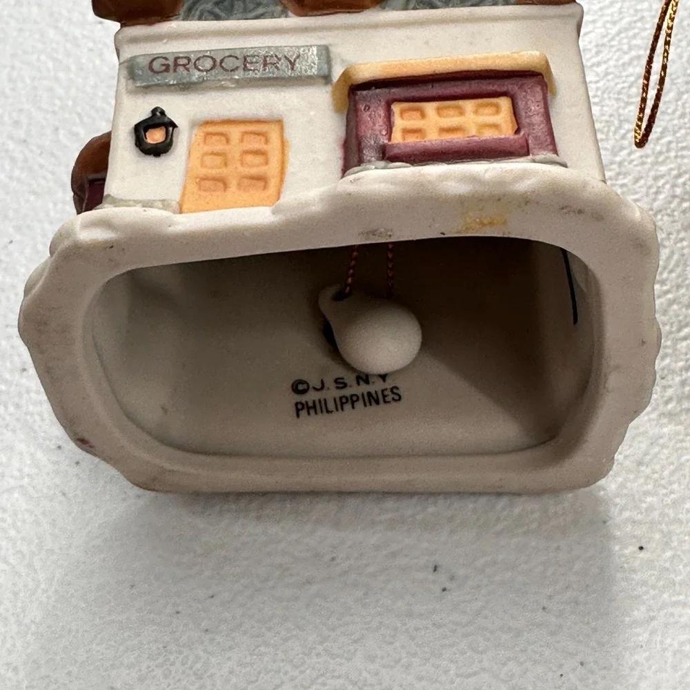 Vintage Porcelain Christmas Village House Bell Ornaments Set‎ 2 Pieces 1990